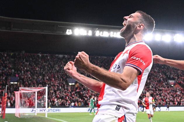 Danijel Sturm of Slavia celebrates a goal during the Football Champions League opening round match Slavia Prague vs RC Lens on September 10, 2026, in Prague, Czech Republic. (CTKxPhoto MichalxKamaryt) CTKPhotoP2026091010474  CTKPhotoP2026091010474
