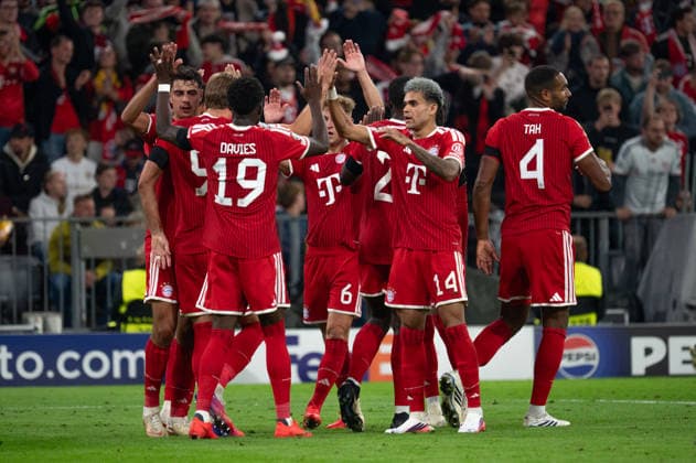 GER, Bavaria, Munich, Soccer, FC Bayern Munich vs. FK Bodo Glimt, at the Allianz Arena, Munich, Champions League, group stage, Matchday 1, September 10, 2026, from left: FC Bayern Munich, goal celebration, joy, emotions, cheering, celebrating, goal scored, Celebrate, goal celebration, joy, emotions, celebration, cheering, goal scored, celebrate, 2–0. UEFA regulations prohibit any use of photographs as image sequences and or quasi-video, UEFA regulations prohibit any use of photographs as image sequences and or quasi-video, Copyright: HMB-Media MichaelxNibel