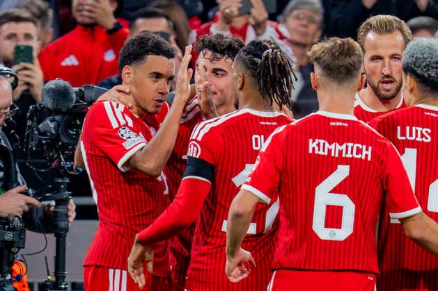 UEFA Champions League, Matchday 1, FC Bayern Munich vs. Bodo Glimt on September 10, 2026. Goal and celebration for the 1-0 lead by Jamal Musiala, with Konrad Laimer, Joshua Kimmich, and Michael Olise Copyright: xBahhoxKarax