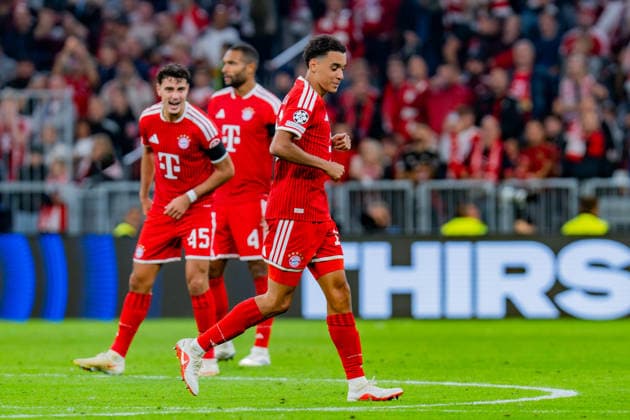 UEFA Champions League, Matchday 1, FC Bayern Munich vs. Bodo Glimt on September 10, 2026. Goal and celebration for the 1-0 lead by Jamal Musiala, with Konrad Laimer, Joshua Kimmich, and Michael Olise Copyright: xBahhoxKarax
