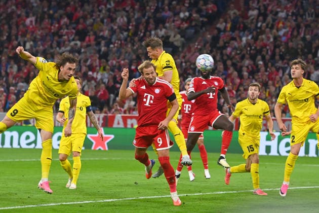 Goal by Harry KANE, Bayern Munich, making it 2-0; play, header, penalty area action; soccer, Champions League, 2026-27 season, group stage: FC Bayern Munich vs. Bodø Glimt on September 10, 2026