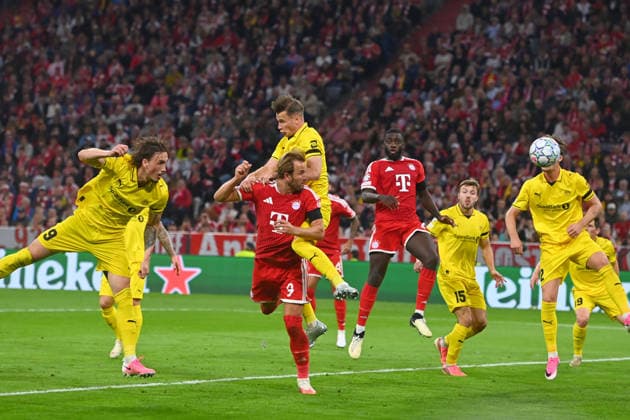 Goal by Harry KANE, Bayern Munich, making it 2-0; play, header, penalty area action; soccer, Champions League, 2026-27 season, group stage: FC Bayern Munich vs. Bodø Glimt on September 10, 2026