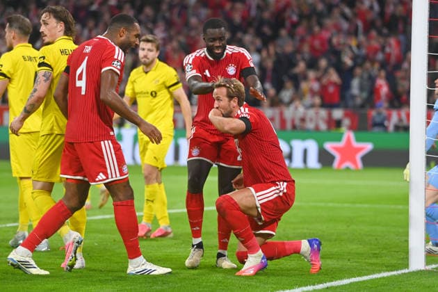 Harry KANE of Bayern Munich celebrates after scoring the 2-0 goal, with Jonathan TAH of Bayern Munich and Dayot UPAMECANO of Bayern Munich, Celebration, Joy, Excitement, Action, Soccer Champions League, 2026–27 Season, League Play: FC Bayern Munich vs. Bodo Glimt on September 10, 2026