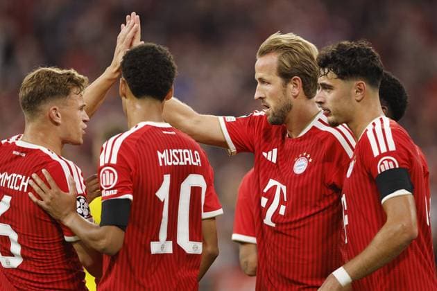 MUNICH - (lr) Joshua Kimmich of FC Bayern Munich, Jamal Musiala of FC Bayern Munich, Harry Kane of FC Bayern Munich, and Aleksandar Pavlovic of FC Bayern Munich celebrate the 2-0 lead during the Champions League match between FC Bayern Munich and FK Bodo Glimt on September 10, 2026, at the Allianz Arena in Munich, Germany. BART STOUTJESDIJK ANP UEFA Champions League 2026 27 xVIxANPxSportx xBartxStoutjesdijkxIVx 567946137 originalFilename: 567946137.jpg