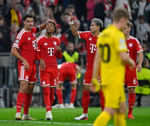 September 10, 2026, Soccer: 2026–2027 UEFA Champions League, Matchday 1, FC Bayern Munich vs. FK Bodo Glimt, at the Allianz Arena in Munich; from left: Aleksandar Pavlovic (Bayern Munich), Michael Olise (FC Bayern Munich), Luis Diaz (FC Bayern Munich), and Joshua Kimmich (FC Bayern Munich) celebrate