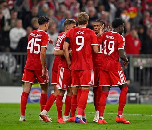 September 10, 2026, Soccer: 2026–2027 UEFA Champions League, Matchday 1, FC Bayern Munich vs. FK Bodo Glimt, at the Allianz Arena in Munich; from left: Aleksandar Pavlovic (Bayern Munich), Joshua Kimmich (FC Bayern Munich), Harry Kane (FC Bayern Munich), Michael Olise (FC Bayern Munich) and Alphonso Davies (FC Bayern Munich) celebrate