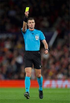 RECORD DATE NOT STATED Football - UEFA Champions League - Manchester United, ManU FC v Sabah FC MANCHESTER, ENGLAND - Thursday, September 10, 2026: Referee Willy Delajod shows a yellow card during the UEFA Champions League 2026 27 League Phase MD1 match between Manchester United FC and Sabah FC at Old Trafford. (Photo by David Rawcliffe Propaganda) MANCHESTER Old Trafford GREATER MANCHESTER ENGLAND  Copyright: xDavidxRawcliffex 2026-09-10-Man_Utd_v_Sabah-048