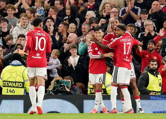 Manchester, England, 10th September 2026. Lisandro Martinez of Manchester United, ManU celebrates scoring the fourth goal during the Manchester United vs Sabah UEFA Champions League match at Old Trafford, Manchester. Picture credit should read: Andrew Yates Sportimage EDITORIAL USE ONLY. No use with unauthorised audio, video, data, fixture lists, club league logos or live services. Online in-match use limited to 120 images, no video emulation. No use in betting, games or single club league player publications. SPI_055_AY_Man_Utd_Sabah SPI-4989-0055