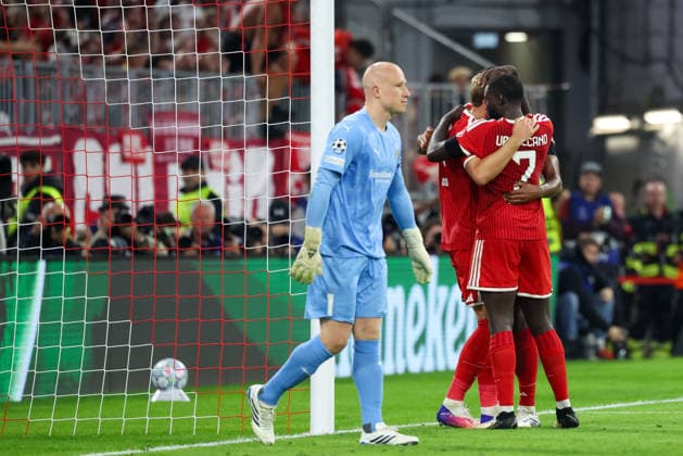 Celebration of Harry Kane s goal to make it 2–0 for FC Bayern Munich, 09, with Jonathan Tah, FC Bayern Munich, 04, and Dayot Upamecano, FC Bayern Munich, 02, GER, FC Bayern Munich vs. FK Bodo Glimt, Soccer, UEFA Champions League, Group Stage, Matchday 1, 2026–2027 Season, September 10, 2026, GER, FC Bayern Munich vs. FK Bodo Glimt, Soccer, UEFA Champions League, Group Stage, Matchday 1, 2026–2027 Season, September 10, 2026, Munich Copyright: xEibner-Pressefoto JennixMaulx EP_JML