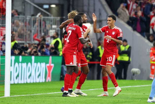 Celebration of Harry Kane s goal to make it 2–0 for FC Bayern Munich, 09, with Jonathan Tah, FC Bayern Munich, 04, and Dayot Upamecano, FC Bayern Munich, 02, with Jamal Musiala, FC Bayern Munich, 10, GER, FC Bayern Munich vs. FK Bodo Glimt, Soccer, UEFA Champions League, Group Stage, Matchday 1, 2026–2027 Season, September 10, 2026, GER, FC Bayern Munich vs. FK Bodo Glimt, Soccer, UEFA Champions League, Group Stage, Matchday 1, 2026–2027 Season, September 10, 2026, Munich Copyright: xEibner-Pressefoto JennixMaulx EP_JML