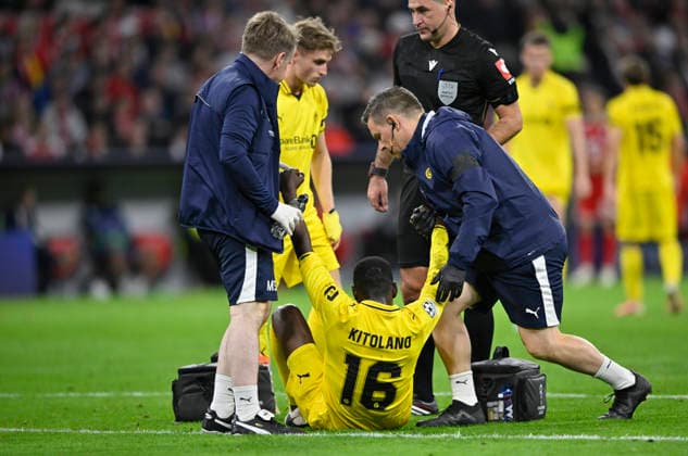 Joshua Kitolano (FK Bodø Glimt) 16 had to leave the field due to injury; FC Bayern Munich (FCB) vs. Bodø Glimt, September 10, 2026. DFL regulations prohibit any use of photographs as image sequences and or quasi-video. FC Bayern Munich (FCB) vs. Bodø Glimt