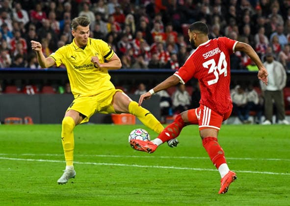 September 10, 2026, xemx, Soccer, UEFA Champions League, FC Bayern Munich vs. FK Bodø Glimt, Odin Bjortuft (FK Bodø Glimt), Ismael Saibari (FC Bayern Munich), tackle, action, battle for the ball, Munich