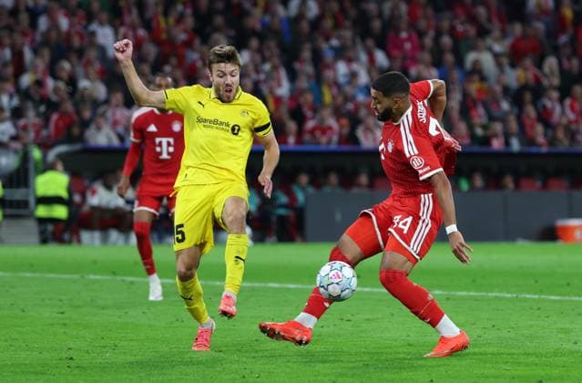 September 10, 2026, GER, Soccer, Men s, UEFA Champions League, Group Stage, 2026–2027 Season, Matchday 1, FC Bayern Munich vs. FK Bodo Glimt, Fredrik Bjorkan, Fredrik Bjorkan of FK Bodo Glimt (No. 15) in a tackle against Ismael Saibari of FC Bayern Munich (No. 34), Munich, Allianz Arena, Bayern, Germany Copyright: xNordphoto Schneiderx