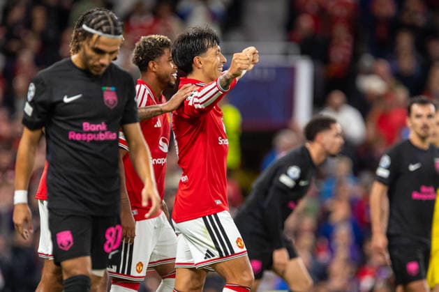 Lisandro Martinez seen celebrating after goal during UEFA Champions League 2026 2027 league phase game between teams of Manchester United, ManU and Sabah FC (Ernest Kolodziej Ball Raw Images) Manchester Old Trafford England Copyright: xErnestxKolodziejx ernestkolodziej_manchester_sabah_2627_OL_2852