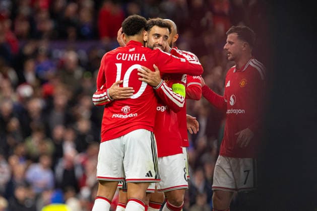 Lisandro Martinez and Bruno Fernandes seen celebrating after goal during UEFA Champions League 2026 2027 league phase game between teams of Manchester United, ManU and Sabah FC (Ernest Kolodziej Ball Raw Images) Manchester Old Trafford England Copyright: xErnestxKolodziejx ernestkolodziej_manchester_sabah_2627_OL_2906