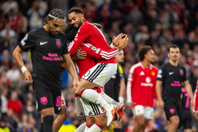 Lisandro Martinez and Matheus Cunha seen celebrating after goal during UEFA Champions League 2026 2027 league phase game between teams of Manchester United, ManU and Sabah FC (Ernest Kolodziej Ball Raw Images) Manchester Old Trafford England Copyright: xErnestxKolodziejx ernestkolodziej_manchester_sabah_2627_OL_2867