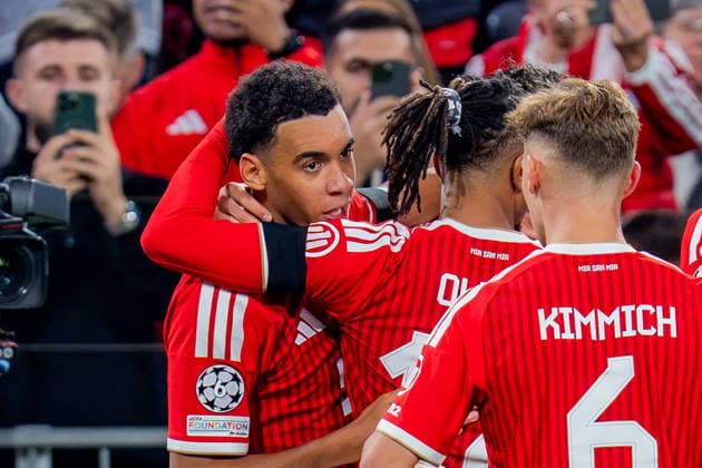 UEFA Champions League, Matchday 1, FC Bayern Munich vs. Bodo Glimt on September 10, 2026: Goal and celebration following the 1-0 score by Jamal Musiala, with Konrad Laimer, Joshua Kimmich, and Michael Olise Copyright: xBahhoxKarax