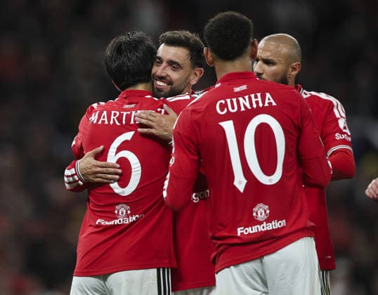 Manchester United, ManU v Sabah, UEFA Champions League, League Stage 10.09.26 Manchester United v Sabah, UEFA Champions League, League Stage Bradley Ormesher The Times Lisandro Martinez of Manchester United celebrates scoring his teams 4th goal with Bruno Fernandez  Copyright: xBradleyxOrmesherx NINTCHDBPICT001107213464