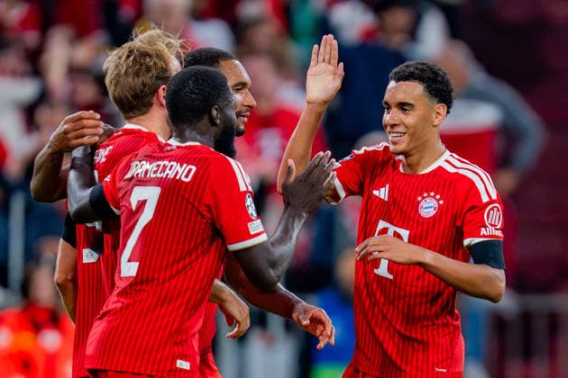 UEFA Champions League, Matchday 1, FC Bayern Munich vs. Bodo Glimt on September 10, 2026. Goal to make it 2–0 by Harry Kane, Jamal Musiala, Dayot Upamecano, and Jonathan Tah Copyright: xBahhoxKarax