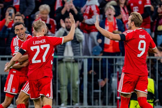 UEFA Champions League, Matchday 1, FC Bayern Munich vs. Bodo Glimt on September 10, 2026: Goal and celebration for the 1-0 lead by Jamal Musiala, with Konrad Laimer, Joshua Kimmich, and Michael Olise Copyright: xBahhoxKarax