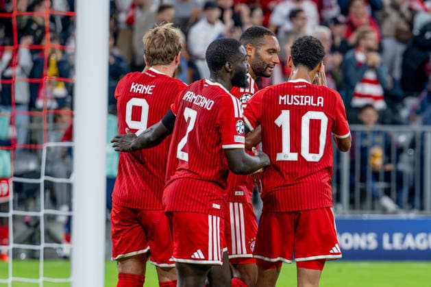 Dayot Upamecano, FC Bayern Munich, 02, Jonathan Tah (FC Bayern Munich, 04) and Jamal Musiala (FC Bayern Munich, 10) celebrate with Harry Kane (FC Bayern Munich, 09) after his goal to make it 2–0 for Germany, FC Bayern Munich vs. FK Bodo Glimt, soccer, UEFA Champions League, group stage, Matchday 1, 2026–2027 season, September 10, 2026. DFL and DFB regulations prohibit any use of photographs as image sequences and or quasi-video. Photo: HMB Media, Heike Feiner Copyright: HMBxMedia HeikexFeiner