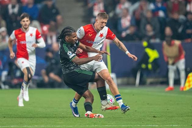 Kyllian Antonio and Wiktor Nowak during UEFA Champions league match, SK Slavia Praha - RC Lens , 10 september 2026, Fortuna Arena, Praha, Czech republic Copyright: xMICHALxFAJT,ZOSPORTU.SKx MAJ_4026