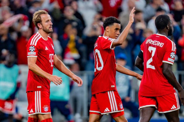 UEFA Champions League, Matchday 1, FC Bayern Munich vs. Bodo Glimt on September 10, 2026. Goal to make it 2–0 by Harry Kane, Jamal Musiala, Dayot Upamecano, and Jonathan Tah Copyright: xBahhoxKarax