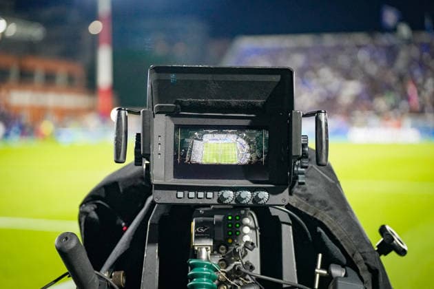 Italy Soccer UEFA Champions League 2026–2027, Matchday 1: Como 1907 vs. RB Leipzig at the Giuseppe Sinigaglia Stadium in Como; a professional TV broadcast camera positioned on the sidelines at the Giuseppe Sinigaglia Stadium in Como, with the camera monitor showing a wide shot of the soccer stadium from a bird s-eye view. Soccer, Champions League, television, TV production, live broadcast, media, sports broadcasting, camera, television camera, broadcast, technology, equipment, monitor, stadium, sports venue Copyright: xJOERANxSTEINSIEKx