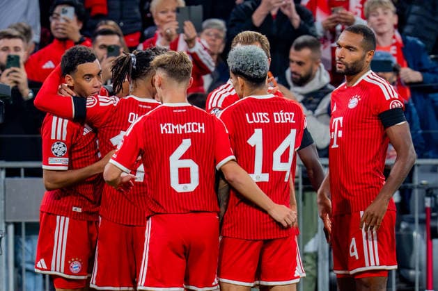 UEFA Champions League, Matchday 1, FC Bayern Munich vs. Bodo Glimt on September 10, 2026: Goal and celebration following the 1-0 score by Jamal Musiala, with Konrad Laimer, Joshua Kimmich, and Michael Olise Copyright: xBahhoxKarax