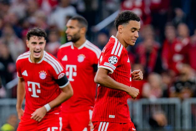 UEFA Champions League, Matchday 1, FC Bayern Munich vs. Bodo Glimt on September 10, 2026: Goal and celebration following the 1-0 score by Jamal Musiala, with Konrad Laimer, Joshua Kimmich, and Michael Olise Copyright: xBahhoxKarax