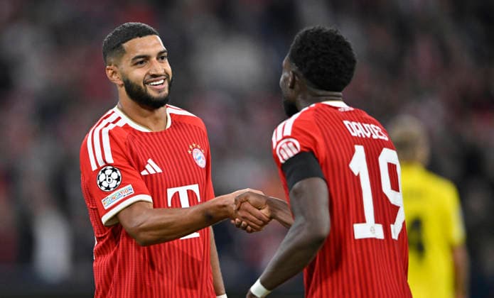 GOAL: 3–0 Alphonso Davies, Bayern Munich FCB 19 Goal celebration with Ismael Saibari, Bayern Munich FCB 34 Bayern Munich FCB vs. Bodø Glimt 10 09 2026 DFL regulations prohibit any use of PHOTOGRAPHS AS IMAGE SEQUENCES AND OR QUASI-VIDEO FC Bayern Munich FCB vs. Bodo Glimt