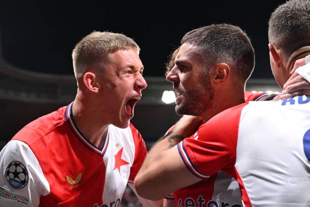 Danijel Sturm of Slavia, center, celebrates a goal with his teammates during the Football Champions League opening round match Slavia Prague vs RC Lens on September 10, 2026, in Prague, Czech Republic. (CTKxPhoto MichalxKamaryt) CTKPhotoP2026091010517  CTKPhotoP2026091010517