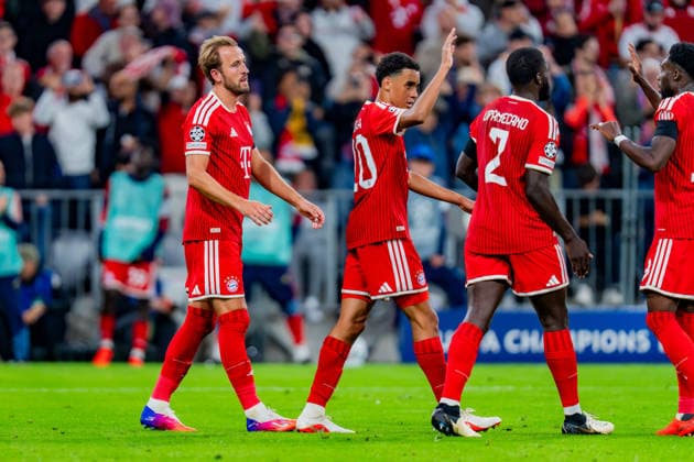 UEFA Champions League, Matchday 1, FC Bayern Munich vs. Bodo Glimt on September 10, 2026. Goal to make it 2–0 by Harry Kane, Jamal Musiala, Dayot Upamecano, and Jonathan Tah Copyright: xBahhoxKarax