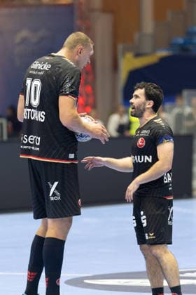 KASSEL, GERMANY - SEPTEMBER 10: Dainis Kristoppans (MT Melsungen, 10) and Erik Balenciaga (MT Melsungen, 6) during the EHF Champions League, match between MT Melsungen vs. HC Vardar 1961 at Rothenbach-Halle on September 10, 2026 in Kassel, Germany. Hessen Germany Copyright: xBEAUTIFULxSPORTS Freudensteinx