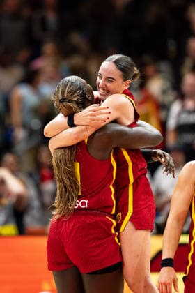 Awa Fam (Spain), 11, and Iyana Martin (Spain), 44, celebrate after the game ends, GER, Australia vs. Spain, Basketball, FIBA Women’s World Cup 2026, Quarterfinals, September 10, 2026, GER, Australia vs. Spain, Basketball, 2026 FIBA Women’s World Cup, Quarterfinals, September 10, 2026, Berlin Copyright: xEibner-Pressefoto MaxxVincenx EP_MVN