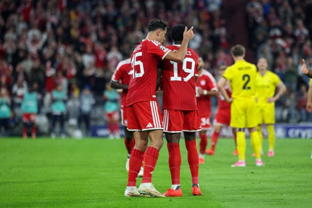 Celebration after Alphonso Davies (FC Bayern Munich, 19) scores the 3-0 goal; Aleksandar Pavlovic (FC Bayern Munich, 45) joins in the celebration, GER, FC Bayern Munich vs. FK Bodo Glimt, Soccer, UEFA Champions League, Group Stage, Matchday 1, 2026–2027 season, September 10, 2026, GER, FC Bayern Munich vs. FK Bodo Glimt, Soccer, UEFA Champions League, Group Stage, Matchday 1, 2026–2027 Season, September 10, 2026, Munich Copyright: xEibner-Pressefoto JennixMaulx EP_JML
