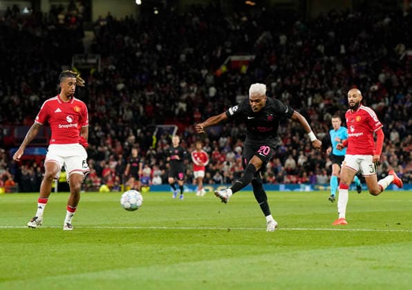 Manchester, England, 10th September 2026. Joy-Lance Mickels of Sabah FC fires in a shot just wide during the Manchester United, ManU vs Sabah UEFA Champions League match at Old Trafford, Manchester. Picture credit should read: Andrew Yates Sportimage EDITORIAL USE ONLY. No use with unauthorised audio, video, data, fixture lists, club league logos or live services. Online in-match use limited to 120 images, no video emulation. No use in betting, games or single club league player publications. SPI_058_AY_Man_Utd_Sabah SPI-4989-0058