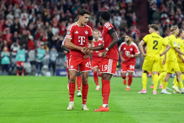 Celebration of Alphonso Davies goal to make it 3-0, FC Bayern Munich, 19; Aleksandar Pavlovic, FC Bayern Munich, 45, joins in the celebration, GER, FC Bayern Munich vs. FK Bodo Glimt, soccer, UEFA Champions League, group stage, Matchday 1, 2026–2027 season, September 10, 2026, GER, FC Bayern Munich vs. FK Bodo Glimt, Soccer, UEFA Champions League, Group Stage, Matchday 1, 2026–2027 Season, September 10, 2026, Munich Copyright: xEibner-Pressefoto JennixMaulx EP_JML
