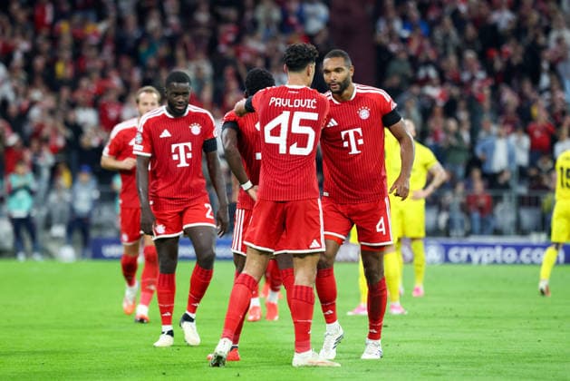 Celebration after Alphonso Davies goal to make it 3–0 for FC Bayern Munich, 19; Aleksandar Pavlovic of FC Bayern Munich, 45, joins in the celebration with Jonathan Tah of FC Bayern Munich, 04, GER, FC Bayern Munich vs. FK Bodo Glimt, Soccer, UEFA Champions League, Group Stage, Matchday 1, 2026–2027 season, September 10, 2026, GER, FC Bayern Munich vs. FK Bodo Glimt, Soccer, UEFA Champions League, Group Stage, Matchday 1, 2026–2027 Season, September 10, 2026, Munich Copyright: xEibner-Pressefoto JennixMaulx EP_JML
