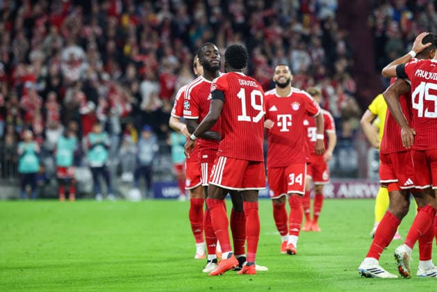 Celebration of Alphonso Davies goal to make it 3–0 for FC Bayern Munich, 19; Dayot Upamecano of FC Bayern Munich, 02, joins in the celebration; GER; FC Bayern Munich vs. FK Bodo Glimt; Soccer; UEFA Champions League; Group Stage; Matchday 1, 2026–2027 season, September 10, 2026, GER, FC Bayern Munich vs. FK Bodo Glimt, Soccer, UEFA Champions League, Group Stage, Matchday 1, 2026–2027 Season, September 10, 2026, Munich Copyright: xEibner-Pressefoto JennixMaulx EP_JML