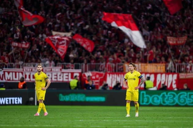 September 10, 2026: Ole Didrik Blomberg and Patrick Berg of Bodo Glimt look dejected after a 4–0 loss during the UEFA Champions League soccer match between Bayern Munich and Bodo Glimt on September 10, 2026 in Munich. Photo by Marius Simensen, BILDBYRAN COP 238 MM0073 bbeng football soccer UEFA Champions League Bodo Glimt Bayern Munich depp  Copyright: MARIUSxSIMENSEN BB260910BB905