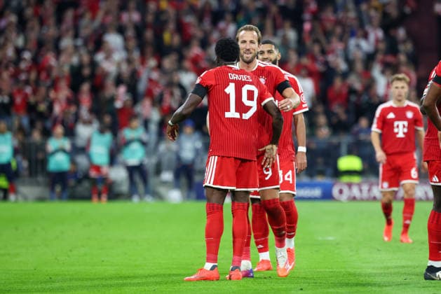 Celebration after Alphonso Davies goal to make it 3–0; FC Bayern Munich, 19; Harry Kane, FC Bayern Munich, 09, joins in the celebration; GER; FC Bayern Munich vs. FK Bodo Glimt; Soccer; UEFA Champions League; Group Stage; Matchday 1, 2026–2027 season, September 10, 2026, GER, FC Bayern Munich vs. FK Bodo Glimt, Soccer, UEFA Champions League, Group Stage, Matchday 1, 2026–2027 Season, September 10, 2026, Munich Copyright: xEibner-Pressefoto JennixMaulx EP_JML