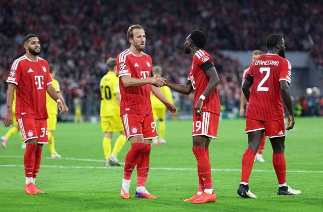 September 10, 2026, GER, Soccer, Men s, UEFA Champions League, Group Stage, 2026–2027 Season, Matchday 1, FC Bayern Munich vs. FK Bodo Glimt Goal celebration Cheering Goal scorer(s) Alphonso Davies FC Bayern Munich 19 celebrates the goal that makes it 3–0 Harry Kane shakes hands with FC Bayern Munich 09 Munich Allianz Arena Bayern Germany Copyright: xNordphoto Schneiderx