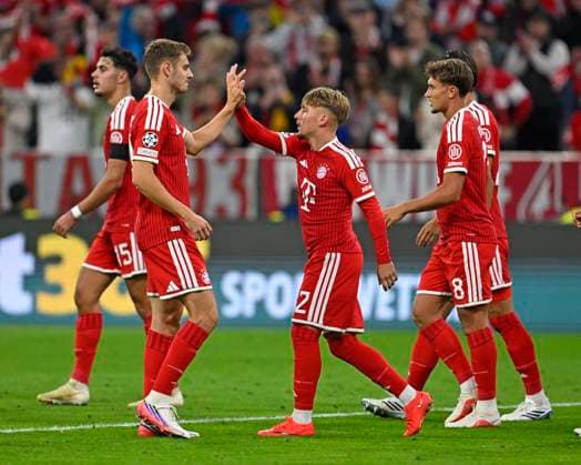 September 10, 2026, Soccer: UEFA Champions League 2026–2027, Matchday 1, FC Bayern Munich vs. FK Bodo Glimt, at the Allianz Arena in Munich; from left: Aleksandar Pavlovic (Bayern Munich), Josip Stanisic (Bayern Munich), Lennart Karl (FC Bayern Munich), and Tom Bischof (Bayern Munich) celebrate