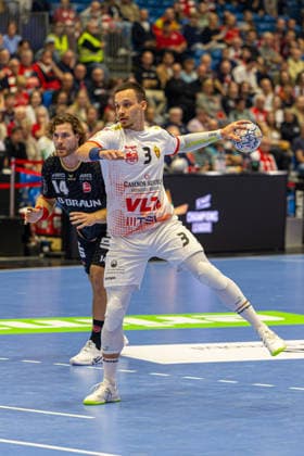 KASSEL, GERMANY - SEPTEMBER 10: Vukasin Vorkapic (HC Vardar 1961, 3) with ball during the EHF Champions League, match between MT Melsungen vs. HC Vardar 1961 at Rothenbach-Halle on September 10, 2026 in Kassel, Germany. Hessen Germany Copyright: xBEAUTIFULxSPORTS Freudensteinx
