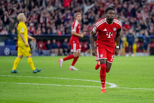 Alphonso Davies, FC Bayern Munich, 19, celebrates his goal to make it 3–0 GER, FC Bayern Munich vs. FK Bodo Glimt, Soccer, UEFA Champions League, Group Stage, Matchday 1, 2026–2027 Season, September 10, 2026 DFL DFB REGULATIONS PROHIBIT ANY USE OF PHOTOGRAPHS AS IMAGE SEQUENCES AND OR QUASI-VIDEO Photo: HMB Media, Heike Feiner Copyright: HMBxMedia HeikexFeiner