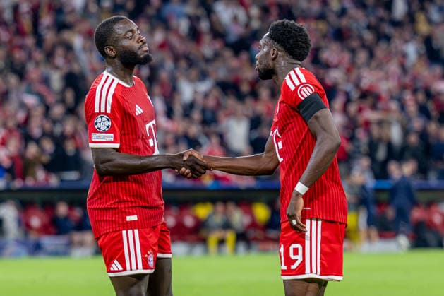 Official congratulations from Dayot Upamecano of FC Bayern Munich (No. 02) to Alphonso Davies of FC Bayern Munich (No. 19) on his goal to make it 3–0 for Germany in the FC Bayern Munich vs. FK Bodo Glimt soccer match, UEFA Champions League, group stage, Matchday 1, 2026–2027 season, September 10, 2026. DFL and DFB regulations prohibit any use of photographs as image sequences and or quasi-video. Photo: HMB Media, Heike Feiner Copyright: HMBxMedia HeikexFeiner
