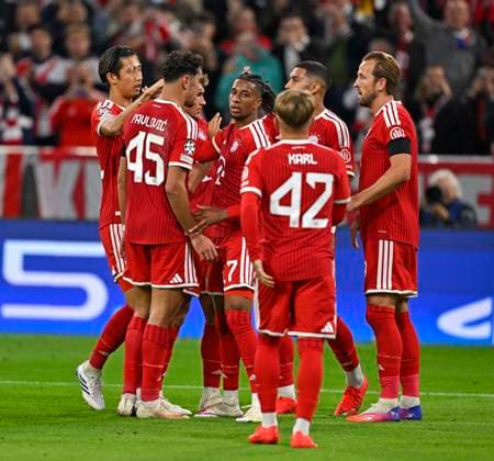 September 10, 2026, Soccer UEFA Champions League 2026–2027, Matchday 1: FC Bayern Munich vs. FK Bodo Glimt at the Allianz Arena in Munich; goal celebrations (from left): Hiroki Ito (FC Bayern Munich), Aleksandar Pavlovic (Bayern Munich), Tom Bischof (Bayern Munich), Michael Olise (FC Bayern Munich), Ismael Saibari (FC Bayern Munich), Lennart Karl (FC Bayern Munich), and Harry Kane (FC Bayern Munich)