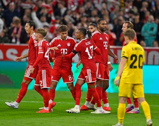 September 10, 2026, Soccer UEFA Champions League 2026–2027, Matchday 1: FC Bayern Munich vs. FK Bodo Glimt at the Allianz Arena in Munich; goal celebrations: (from left) Hiroki Ito (FC Bayern Munich), Lennart Karl (FC Bayern Munich), Tom Bischof (Bayern Munich), Michael Olise (FC Bayern Munich), Ismael Saibari (FC Bayern Munich), Jonathan Tah (FC Bayern Munich), and Harry Kane (FC Bayern Munich)