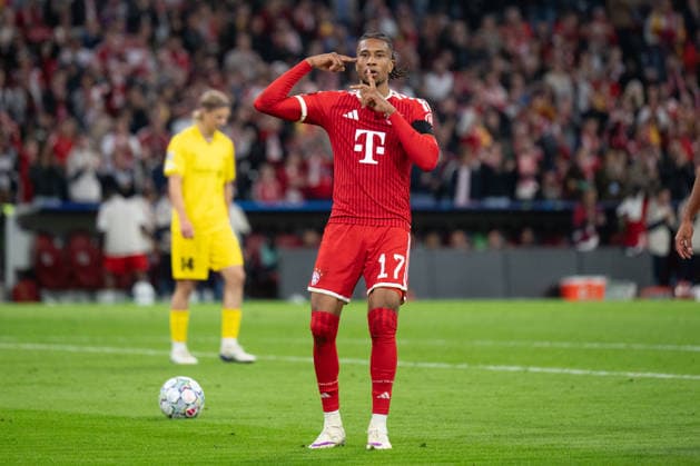 GER, Bavaria, Munich, Soccer, FC Bayern Munich vs. FK Bodo Glimt, at the Allianz Arena, Munich, Champions League, Group Stage, Matchday 1, September 10, 2026, from left: Michael Akpovie Olise, FC Bayern Munich, 17, goal celebration, joy, emotions, cheering, celebrating, goal scored, Celebrate, goal celebration, joy, emotions, celebration, cheering, goal scored, celebrate. UEFA regulations prohibit any use of photographs as image sequences and or quasi-video, Copyright: HMB-Media MichaelxNibel
